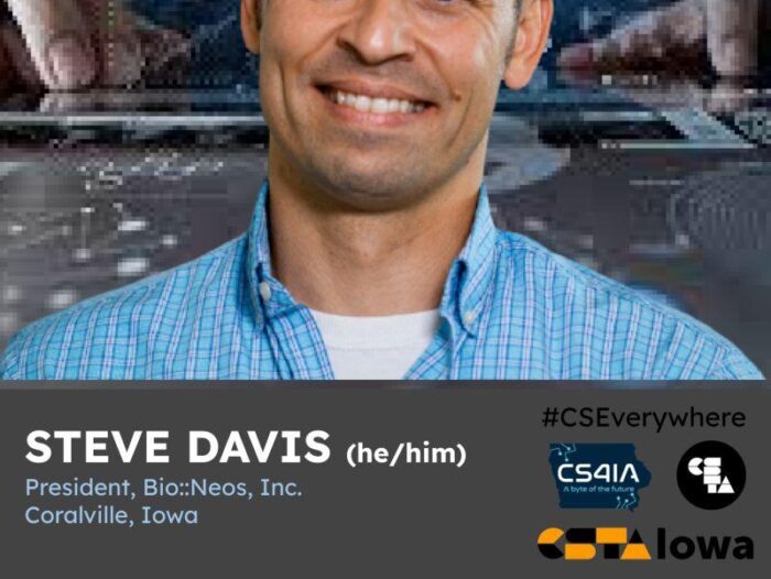 Steve Davis Computer Science Education Week Hero Poster: Steve Helps scientists by building custom web applications to help create life-changing technologies. Computer Science is transforming health care.